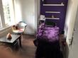 Lovely Treatment room to rent in Woodford gym, IG8, with purple decor, colourful chair & contemporary interior design